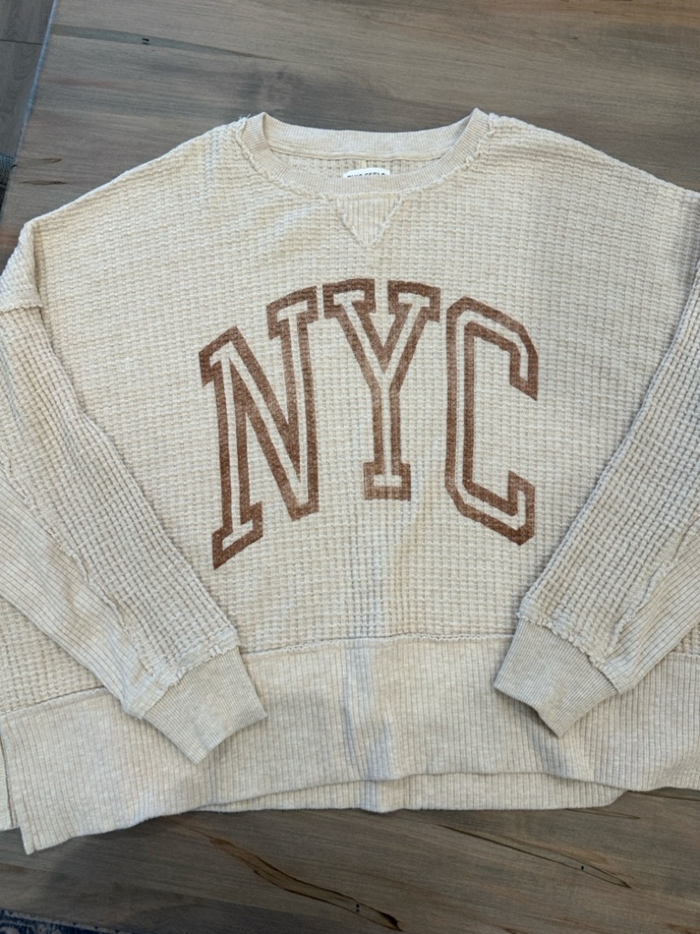 American Eagle Outfitters Cream Waffle-Knit Crewneck with Brown NYC Graphic